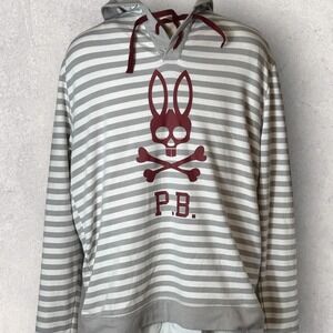 Psycho Bunny Hoodie Men's Large Gray Striped Big Logo Graphic Pullover